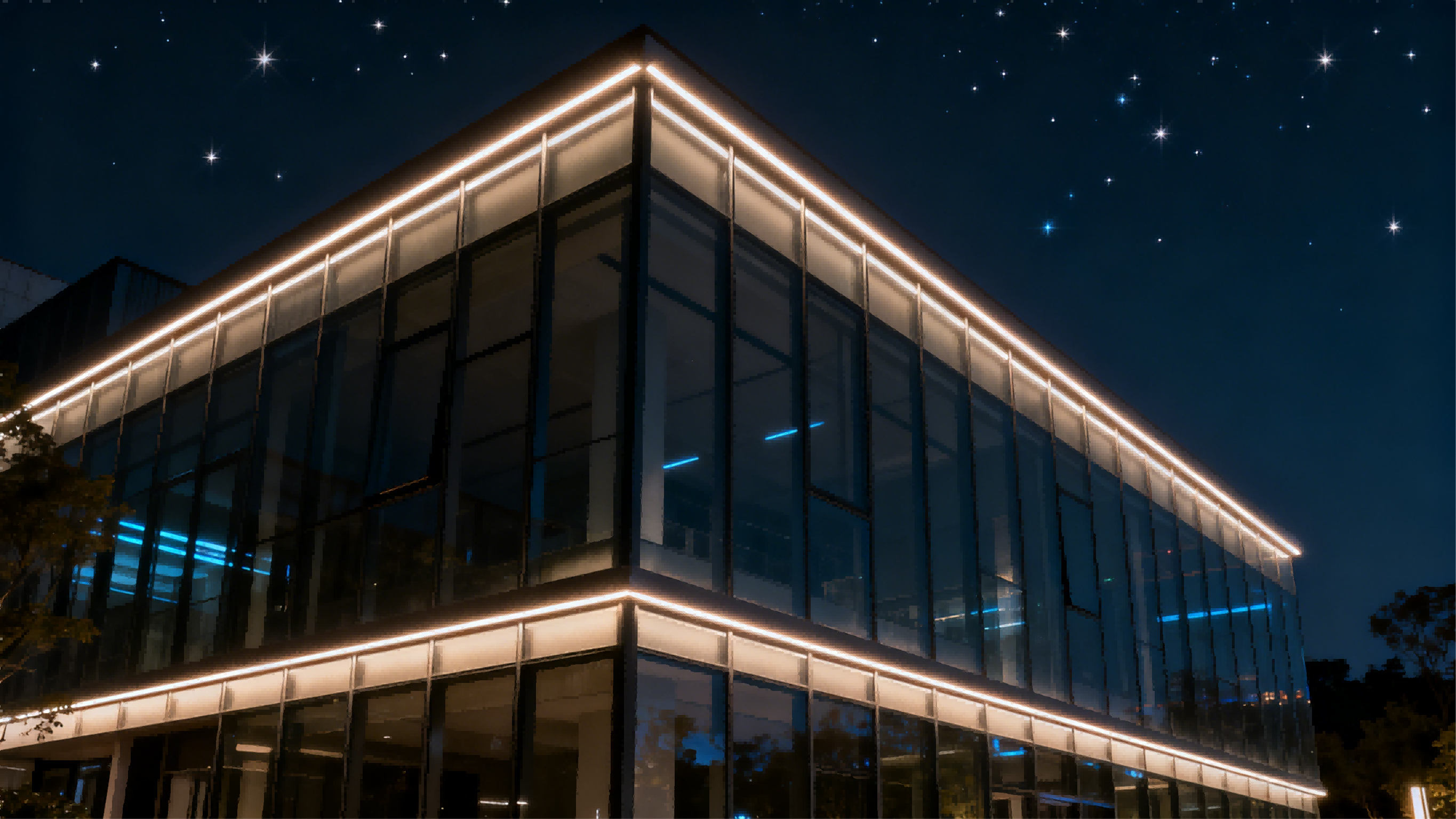 Nighttime building façade illuminated by linear wall-wash lighting